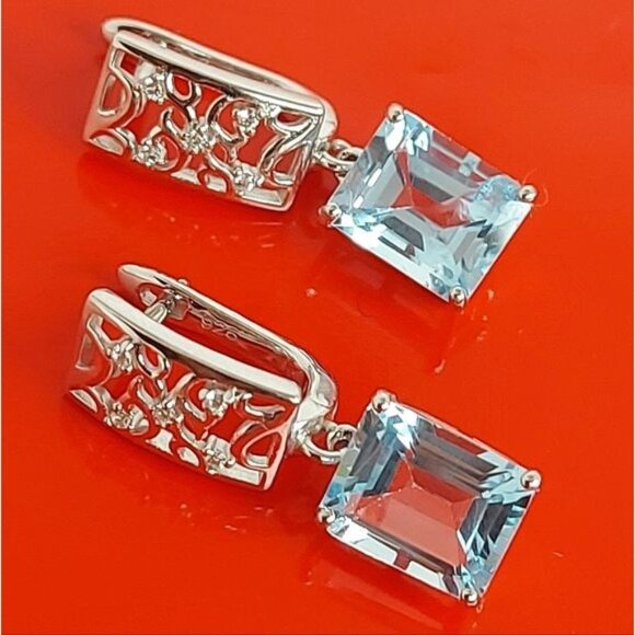 Natural Oval Sky Blue Topaz & CZ 925 Sterling Silver Earrings - Picture 1 of 1